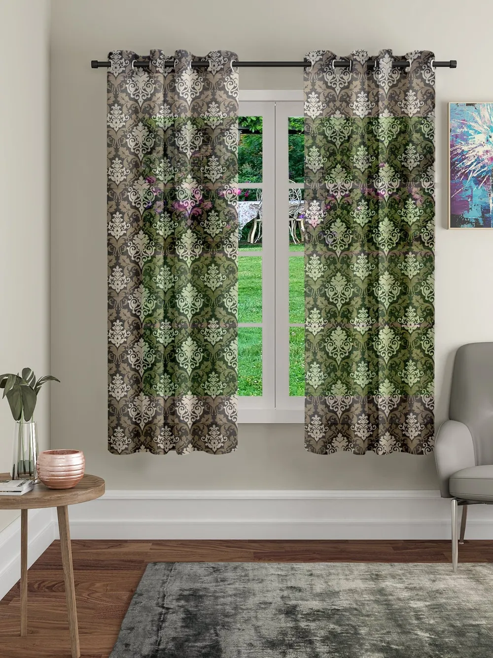 Cortina Damask Patterned Brown Sheer Window Curtain Pack of 2