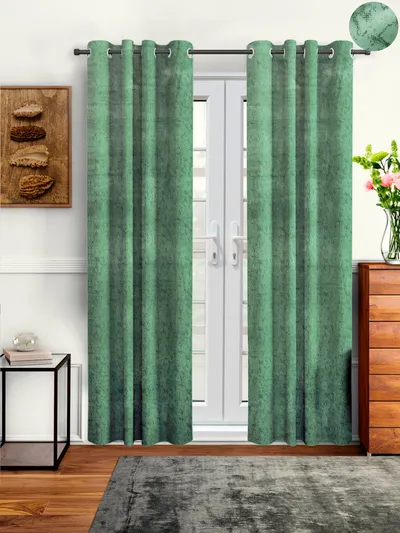 Cortina Luscious Green Velvet Soft Eyelet Curtain-Set of 2