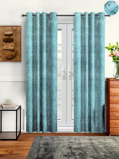 Cortina Luscious Light Blue Velvet Soft Eyelet Curtain-Set of 2