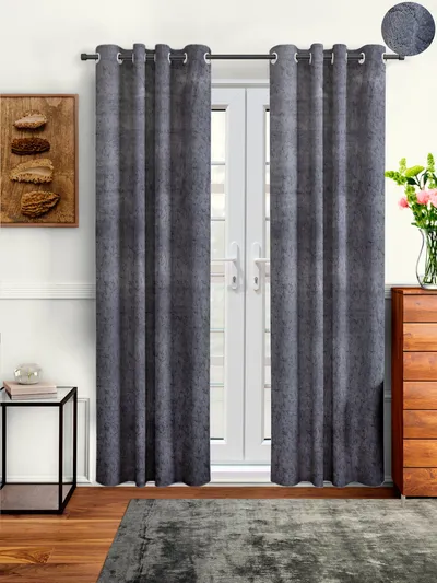 Cortina Luscious Silver Velvet Soft Eyelet Curtain-Set of 2