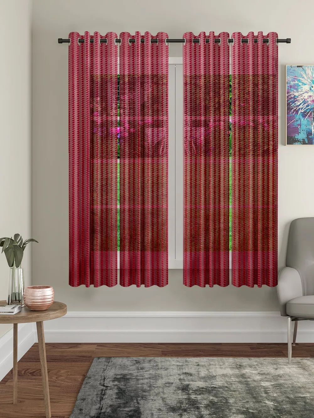 Cortina Maroon Intricate Designer Sheer Window Net Curtain Pack Of 4
