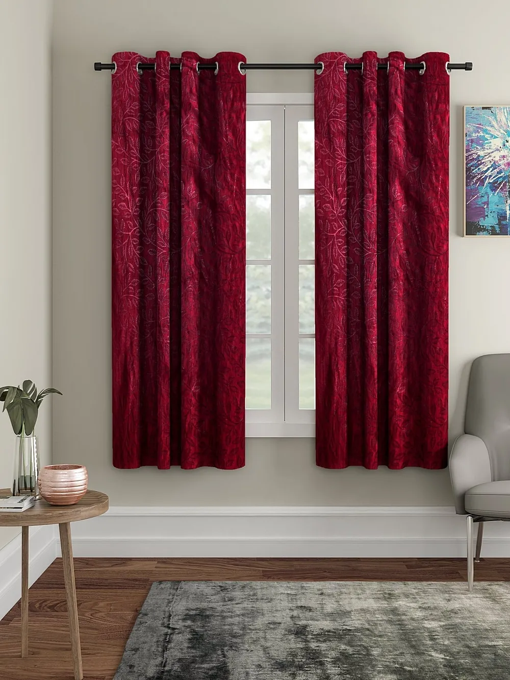 Cortina Maroon Leaves Designer Eyelet Window Curtain Pack Of 2