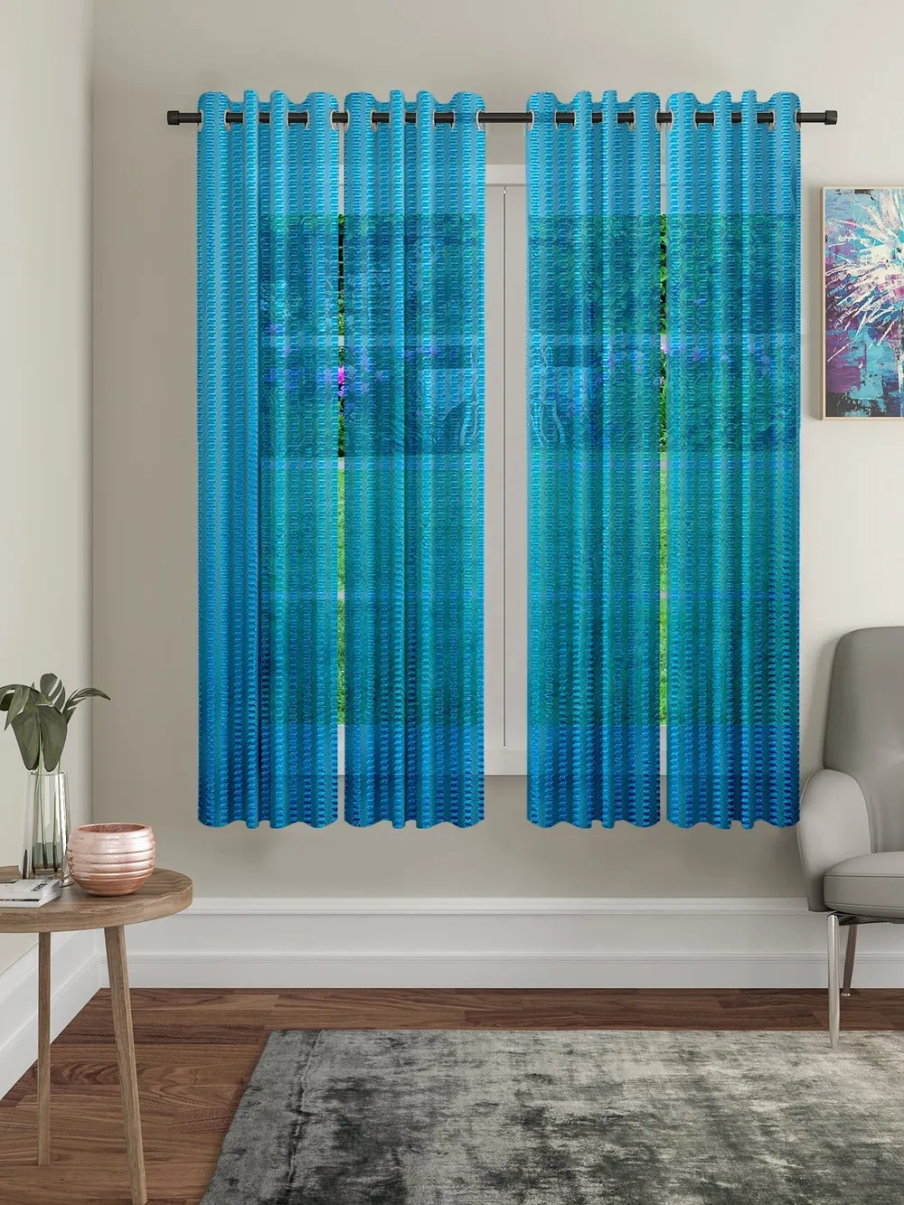 Cortina Ocean Blue Designer Sheer Window Net Curtain Pack Of 4