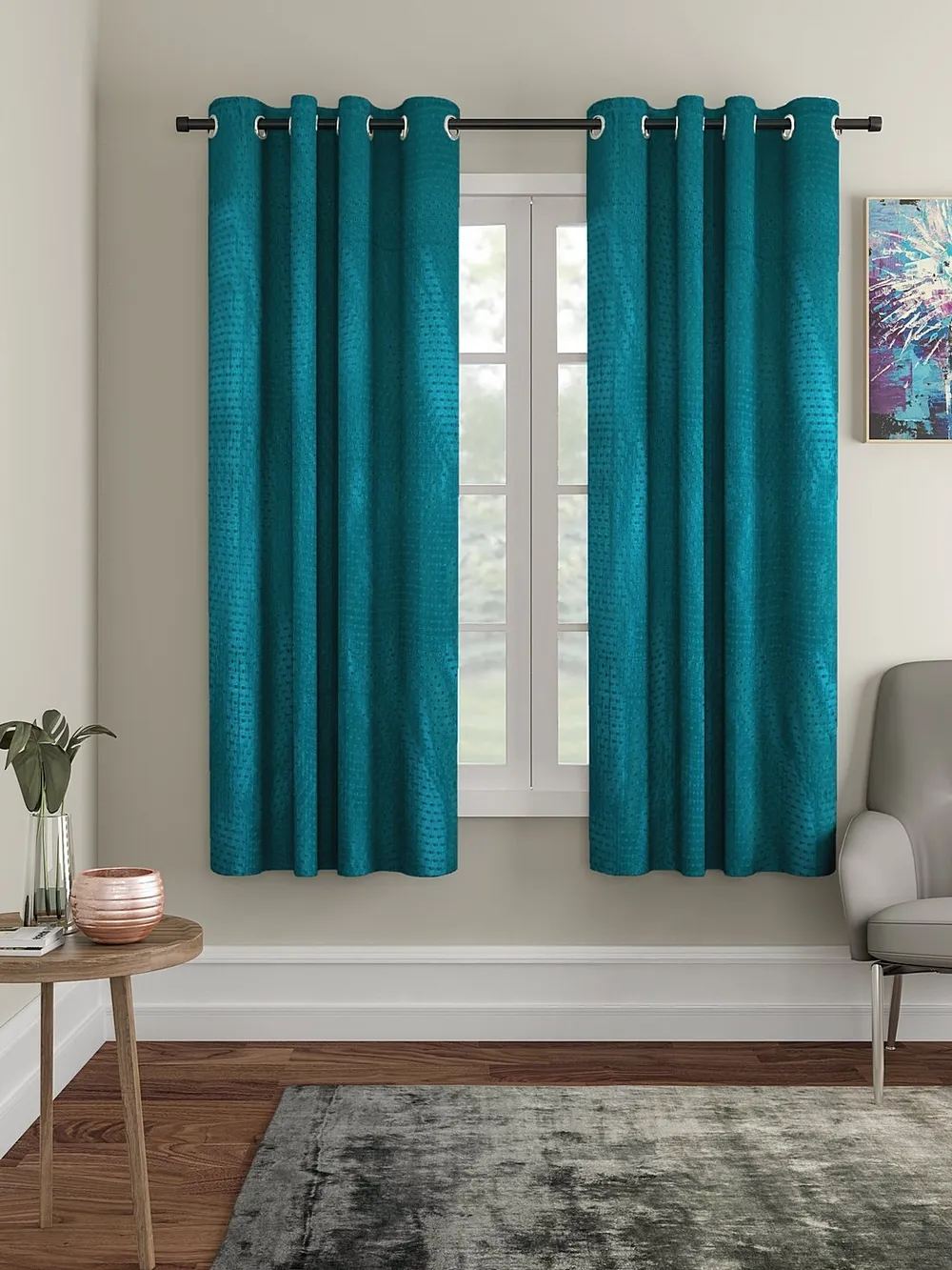 Cortina Sea Green Designer Eyelet Window Curtain Pack Of 2