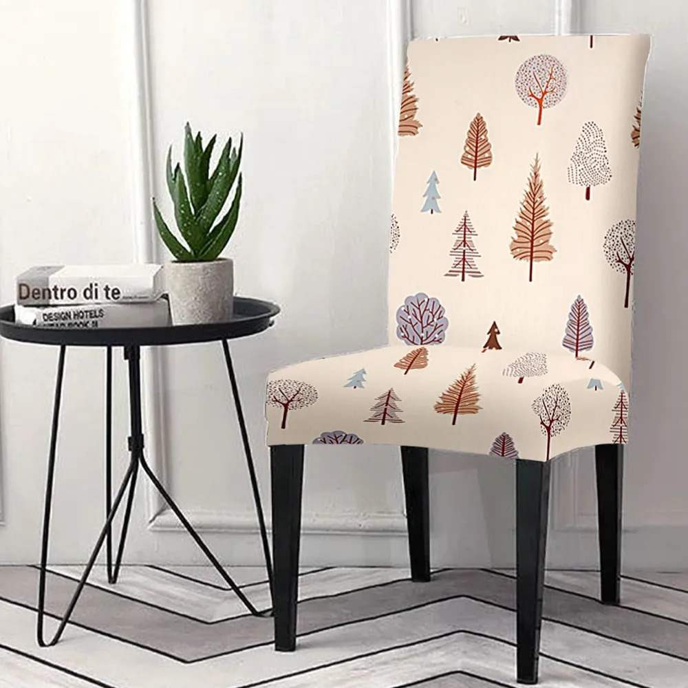 Cortina Spandex Stretchable Beige Leafy Print Polyester Chair Cover (Set of 2, 4 & 6)