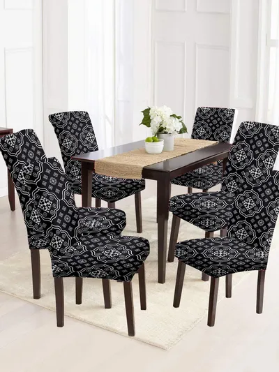 Cortina Spandex Stretchable Black Damask Polyester Chair Cover (Set of 2, 4 & 6)