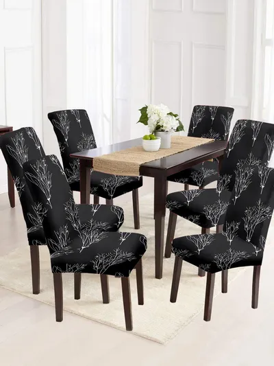 Cortina Spandex Stretchable Black Leafy Print Polyester Chair Cover (Set of 2, 4 & 6)