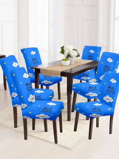 Cortina Spandex Stretchable Blue Abstract Print Polyester Chair Cover (Set of 2, 4 & 6)