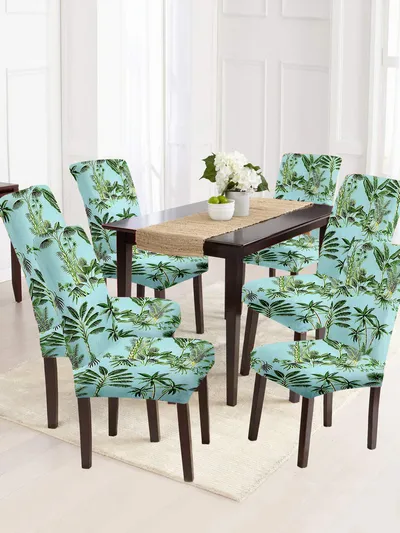 Cortina Spandex Stretchable Blue Floral Print Polyester Chair Cover (Set of 2, 4 & 6)