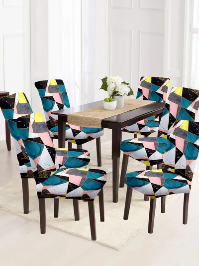 Cortina Spandex Stretchable Blue Geometric Print Polyester Chair Cover (Set of 2, 4 & 6)