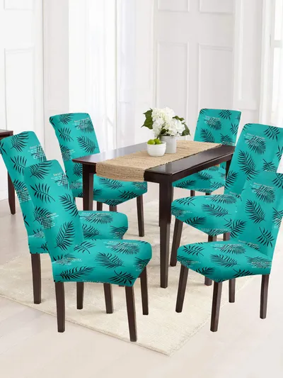 Cortina Spandex Stretchable Blue Leafy Print Polyester Chair Cover (Set of 2, 4 & 6)
