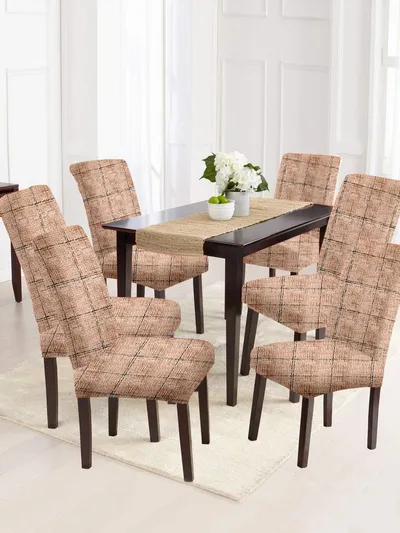 Cortina Spandex Stretchable Brown Geometric Print Polyester Chair Cover (Set of 2, 4 & 6)
