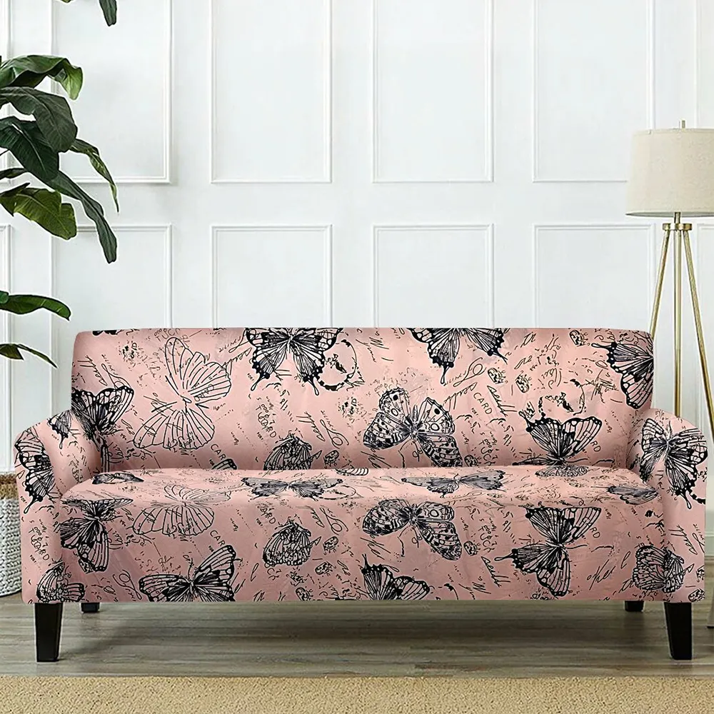 Cortina Spandex Stretchable Butterfly Print Beige Sofa Slipcover
