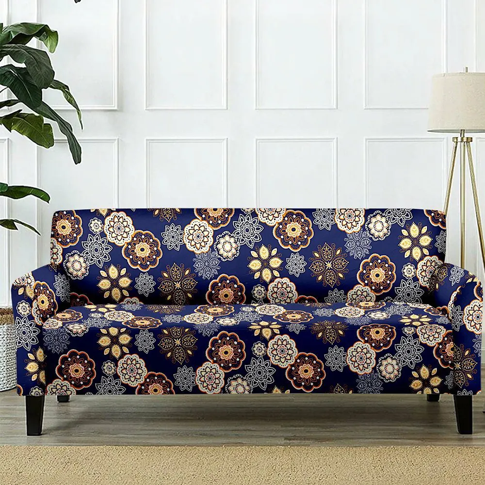 Cortina Spandex Stretchable Floral Print Blue Sofa Slipcover