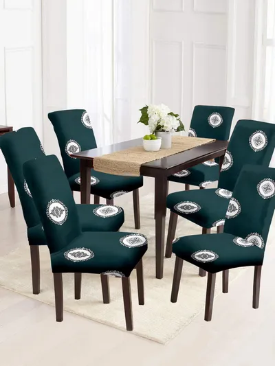 Cortina Spandex Stretchable Green Floral Printed Polyester Chair Cover (Set of 1, 4 & 6)