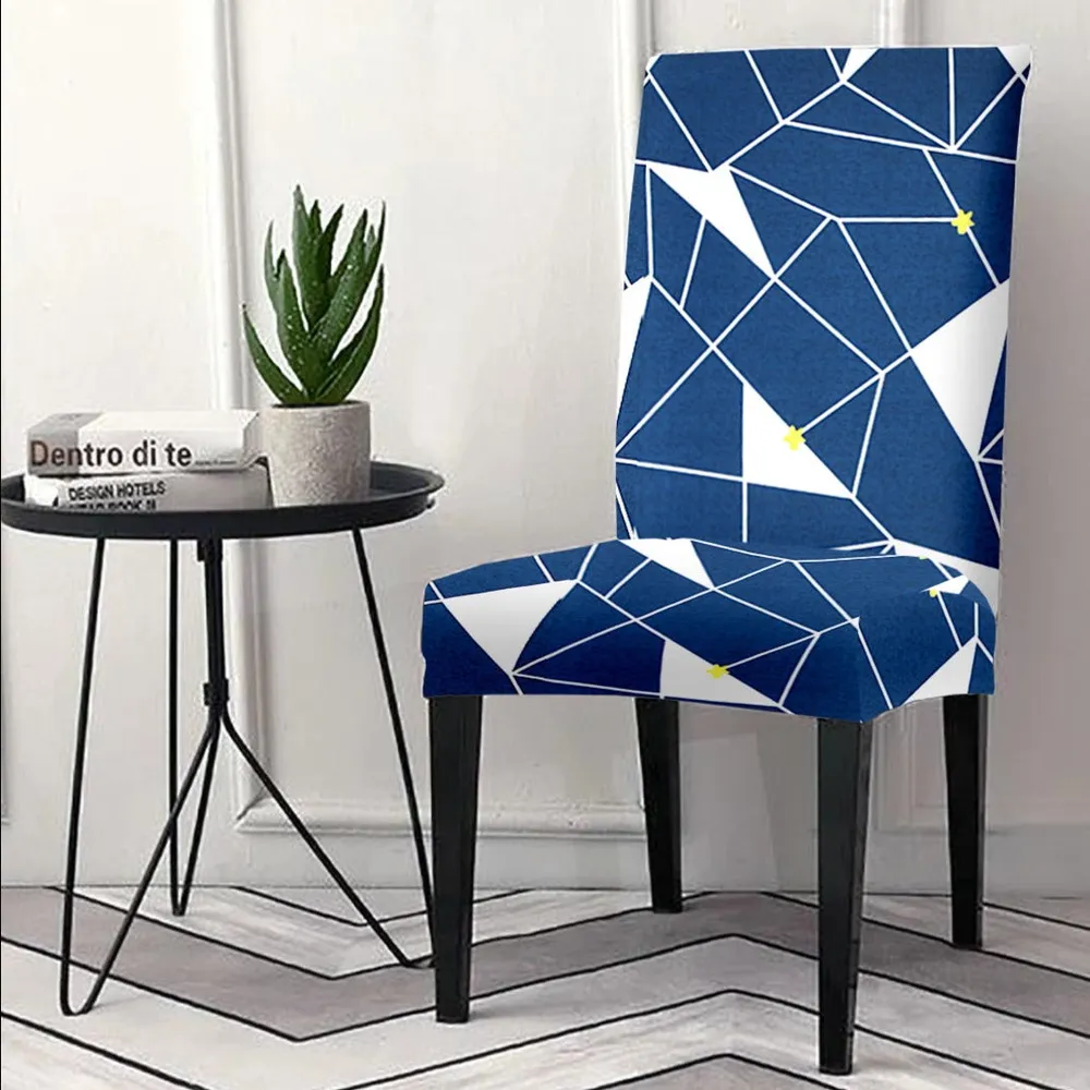Cortina Spandex Stretchable Navy Blue Geometric Print Polyester Chair Cover (Set of 2, 4 & 6)