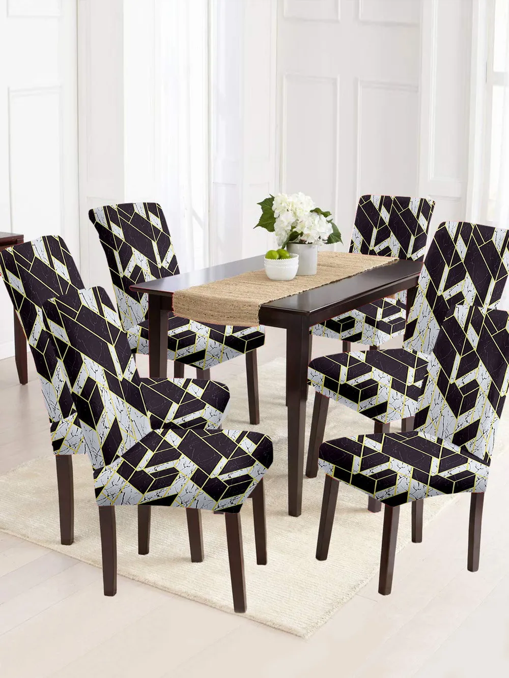 Cortina Spandex Stretchable White Geometric Print Polyester Chair