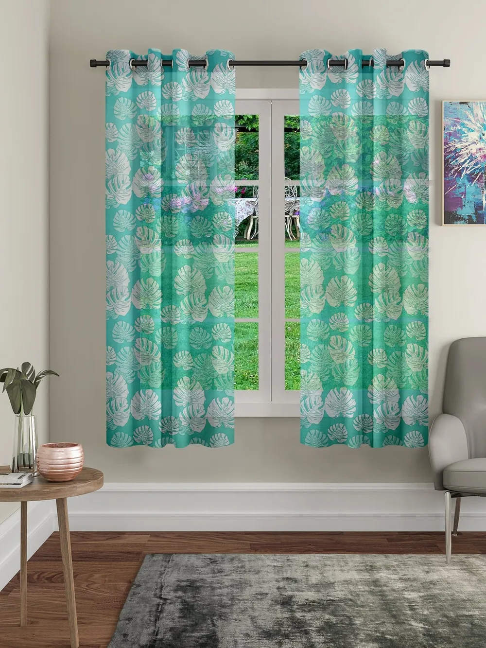 Cortina Tropical Cotyledons Turquoise Sheer Window Net Curtain Pack of 2