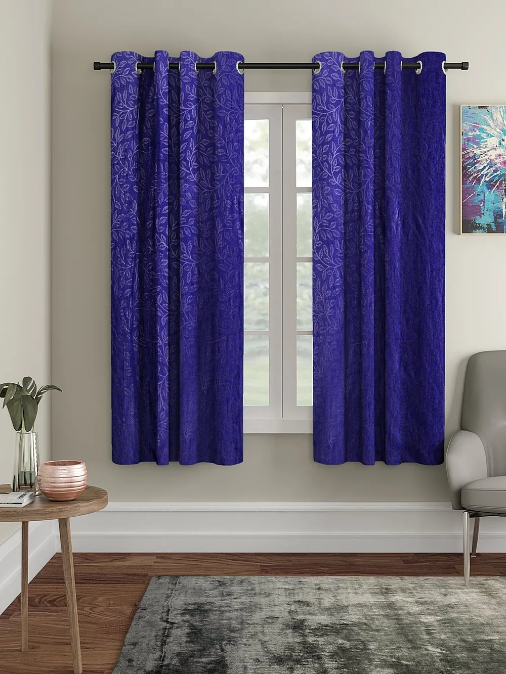 Cortina Violet Leaves Designer Eyelet Window Curtain Pack Of 2