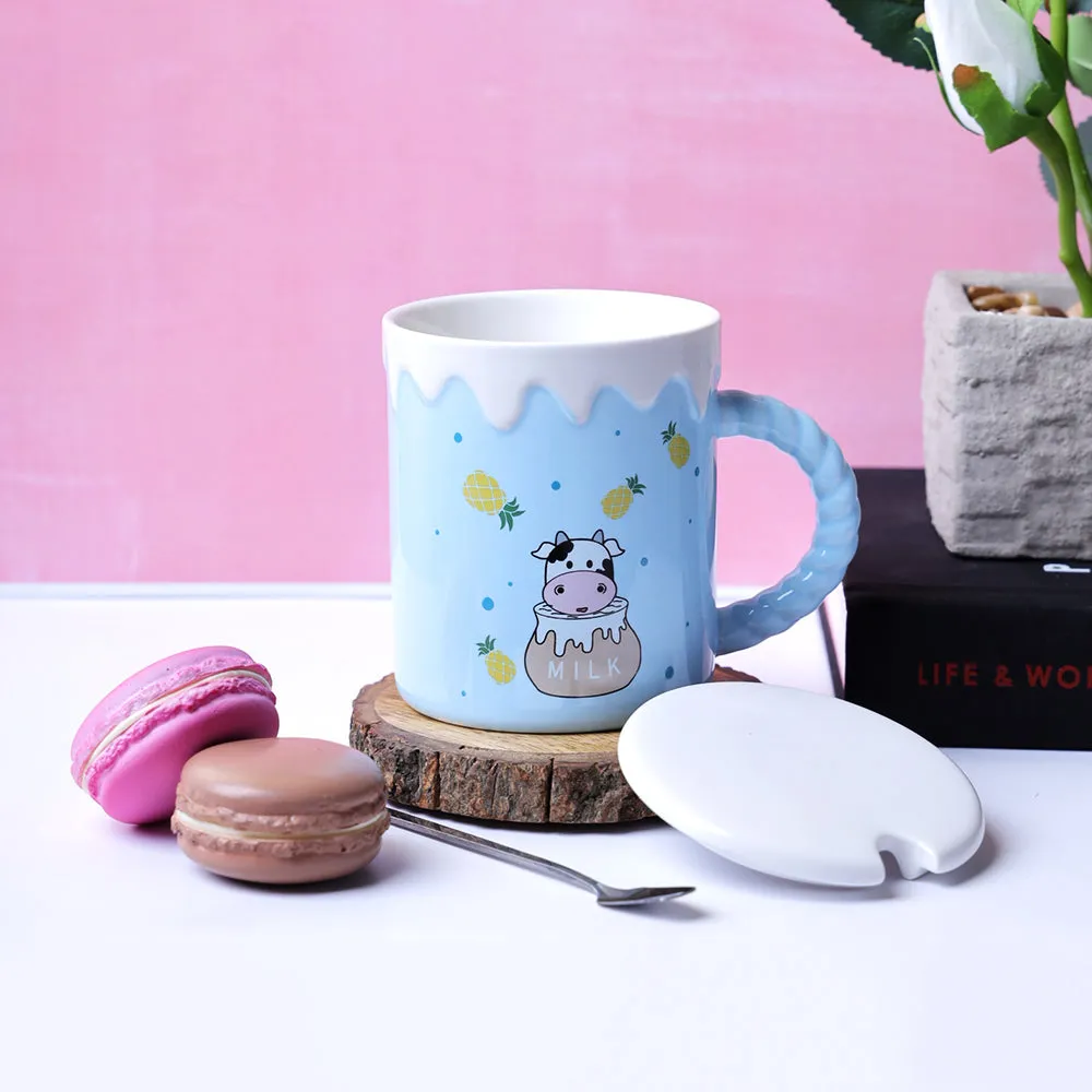 Cute Cow With Pinapples Printed Blue Mug