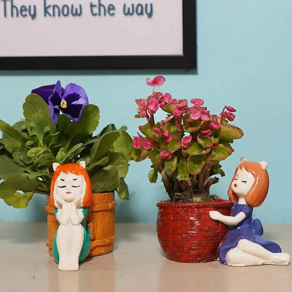 Cute Dolls with Bucket Desk Planter Flower Pot for Home Decor Set of 2