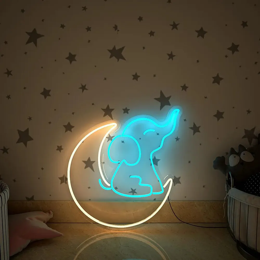 Cute Little Elephant Moon LED Neon Light (Available in multiple colors)