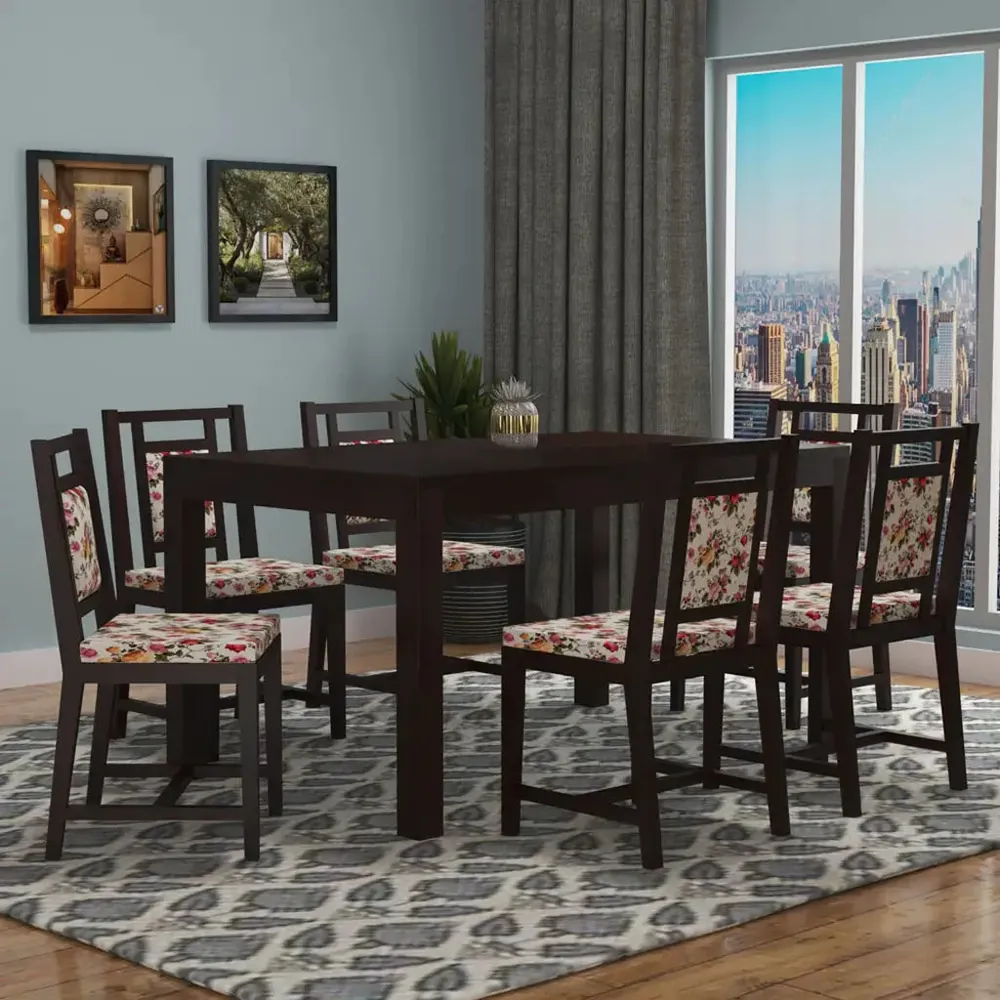 Dark Brown Contemporary Style Sheesham Wood Dining Table 6 Seater With Floral Printed Padded Chairs