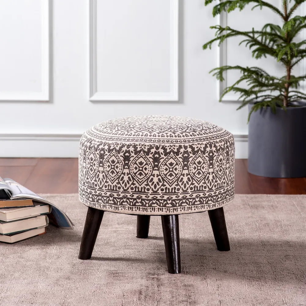 Dark Brown Ethnic Print Round Upholstered Wood Ottoman