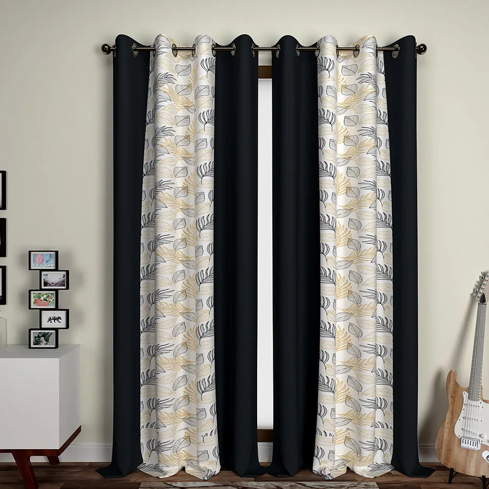 Dark Grey Floral Designer Layered Door Curtain Medium Single Piece (7ft)