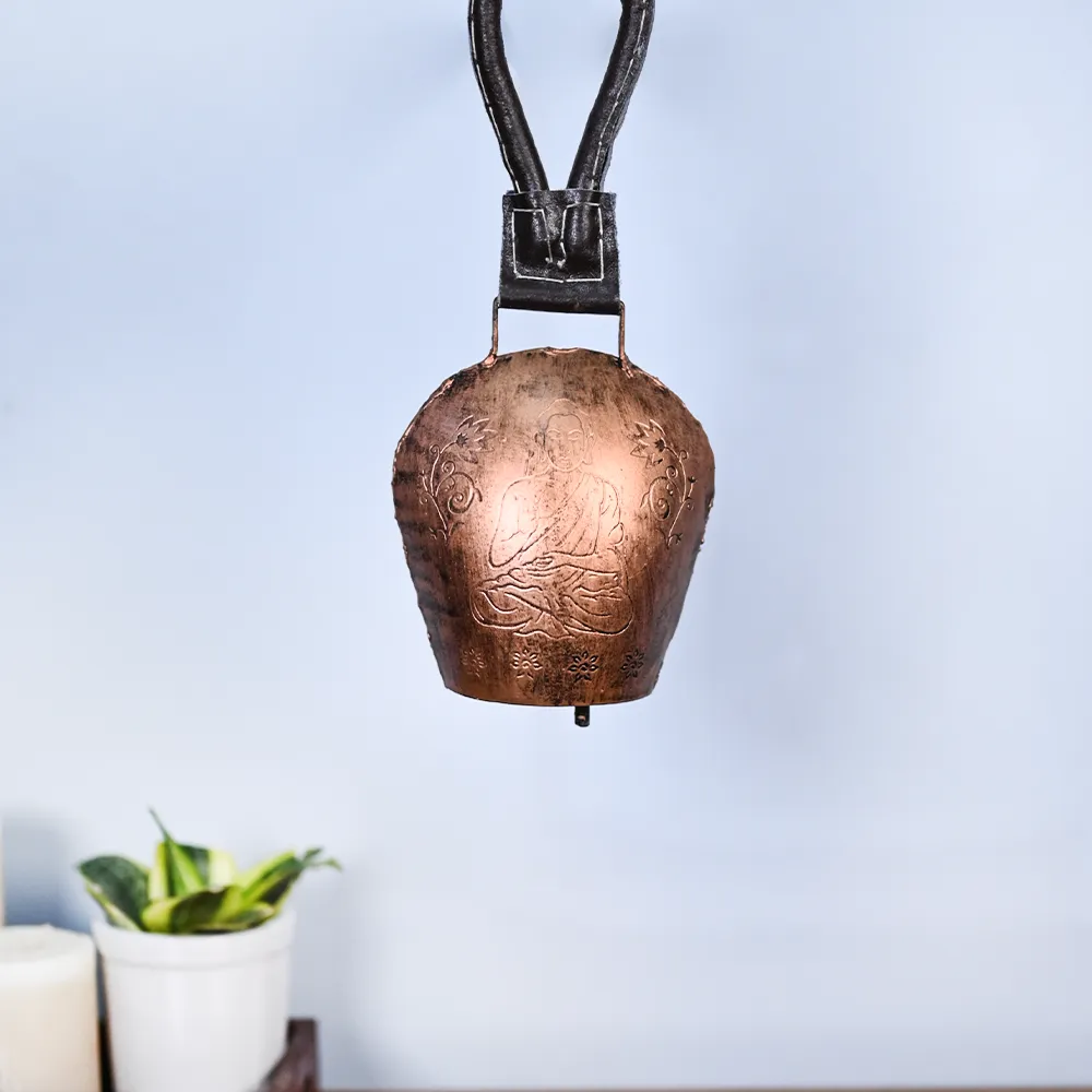 Decorative Rusty Vintage Handmade Buddha Engraved Copper Garden Cow Bell Set Of 1