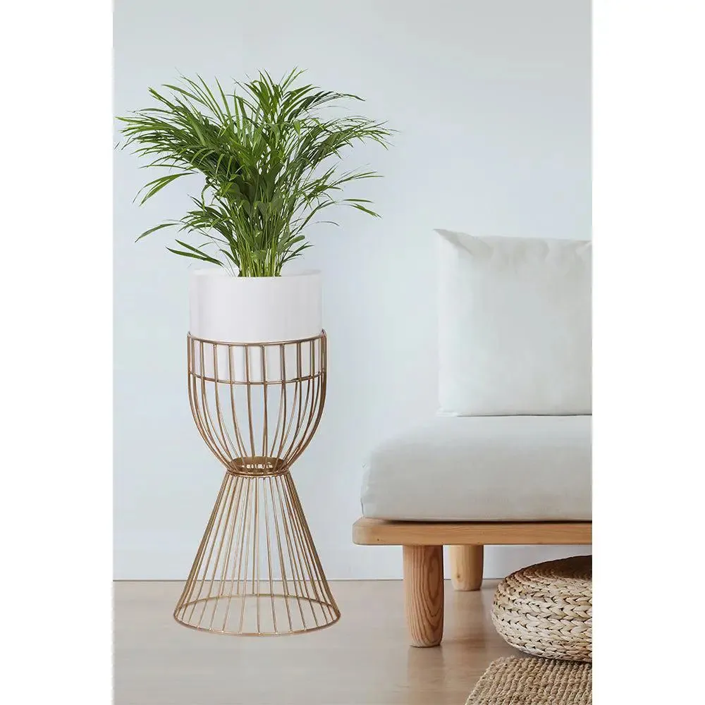 Decorative White Pot with Double Layer Metallic Gold Planter Stand