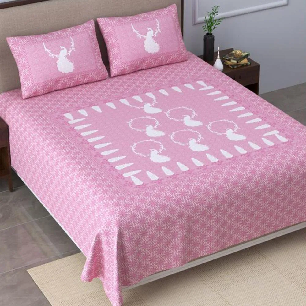 Delightful Peacock Double Bedsheet with Pillow Covers