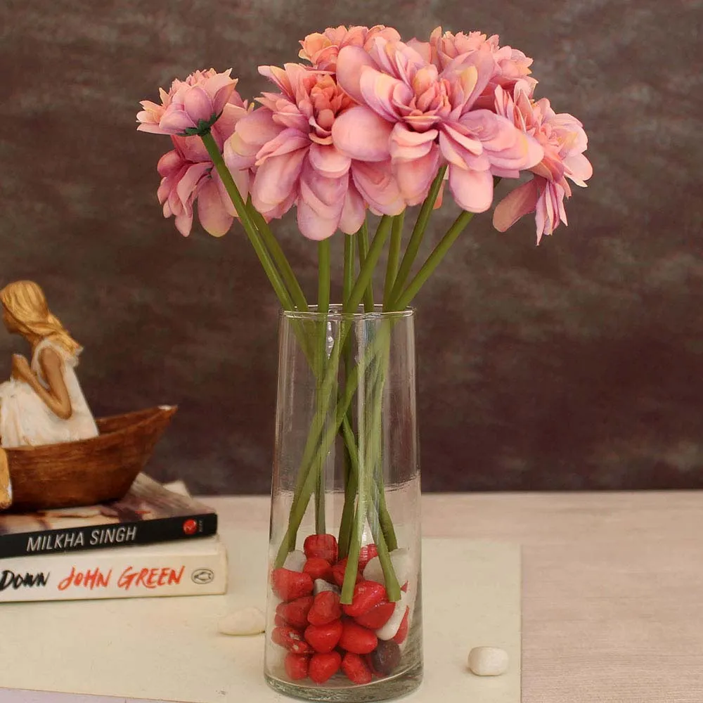 Delightful Pink Silk Artificial Flowers Sticks Set Of 9