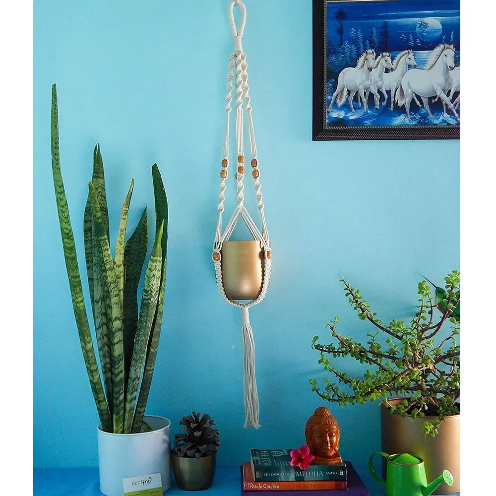 Designer Beaded Cotton Planter Hanger with Metal Pot