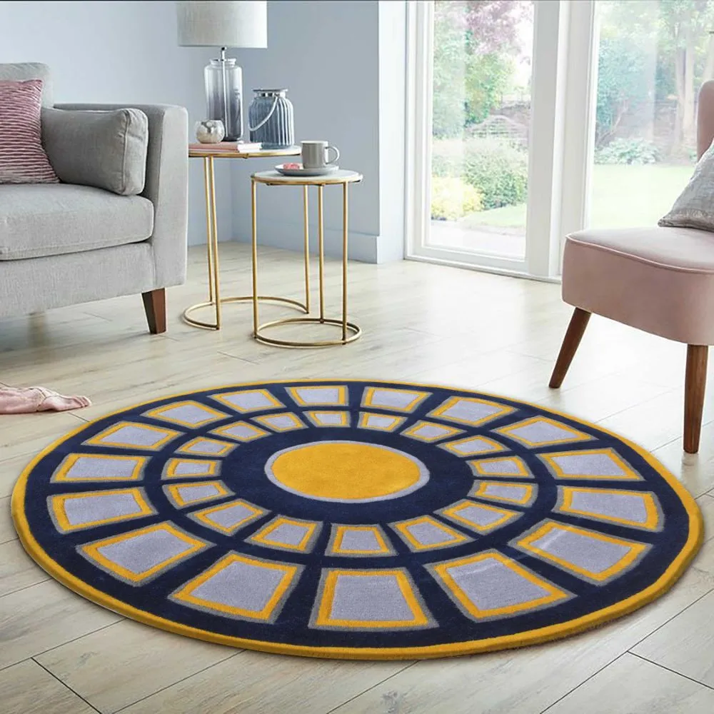 Designer Geometric Blue & Yellow Tufted Round Area Carpet
