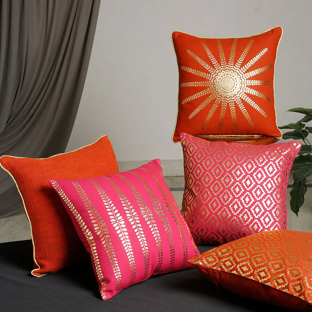 Designer Golden Foil Printed Rusty Orange and Pink 100% Cotton Cushion Covers Set OF 5