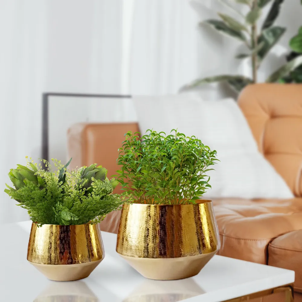 Designer Golden Textured Metal Plant Pot Set Of 2