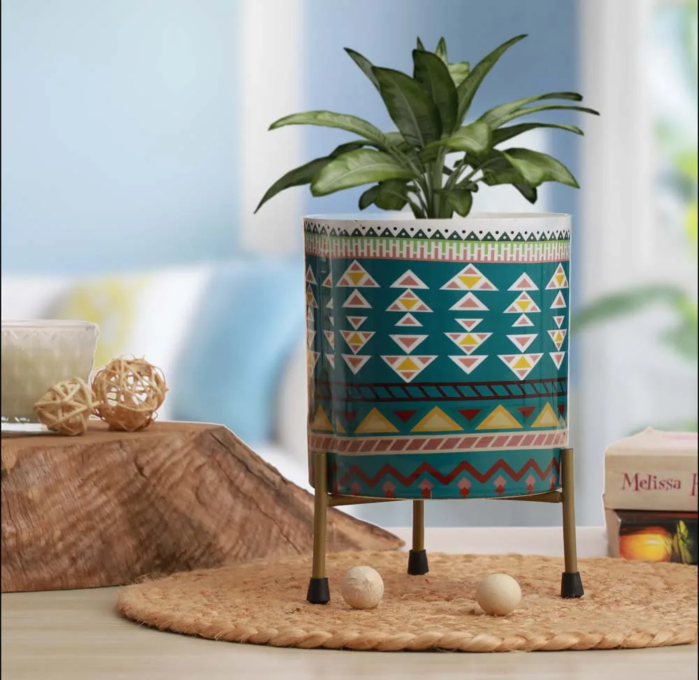 Designer Green Aztec Meena Metal Pot with Stand