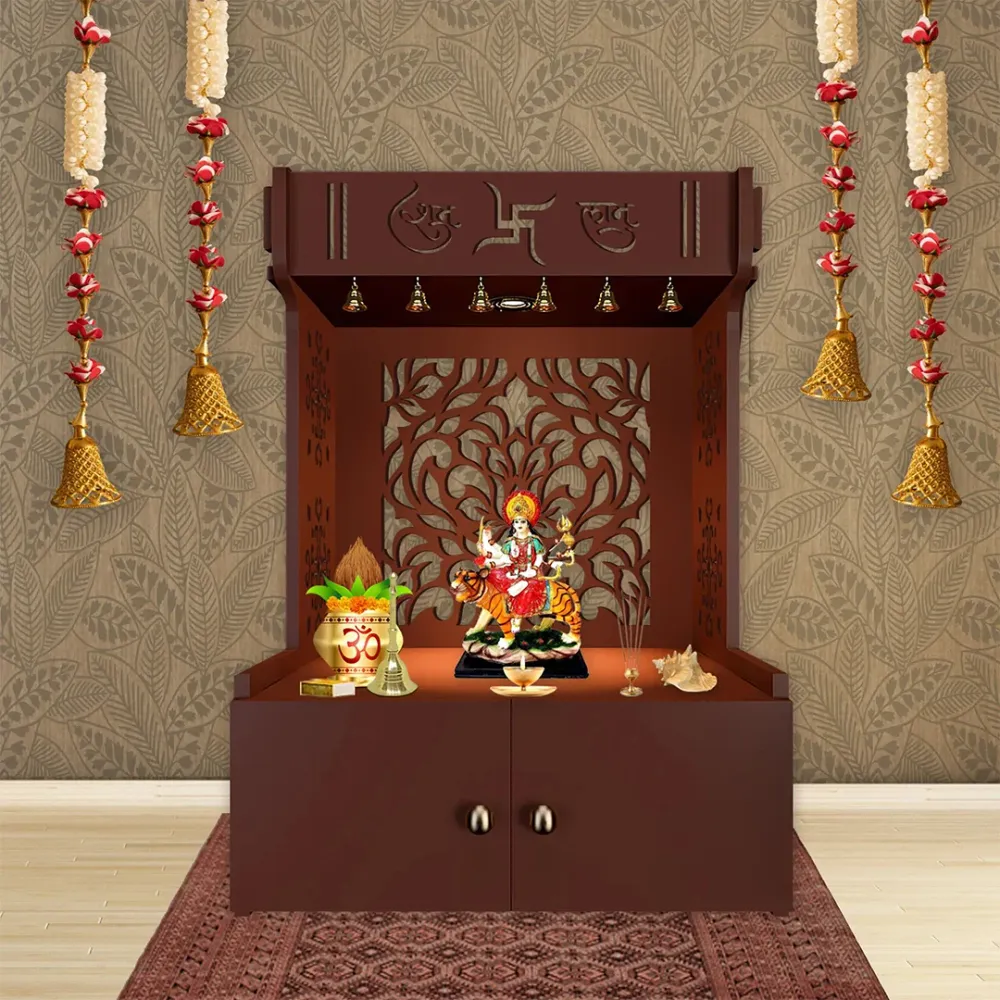Designer Intricate Jali Design Pattern Floor Temple With Spacious Wooden Shelf & Inbuilt Focus Light- Brown Finish