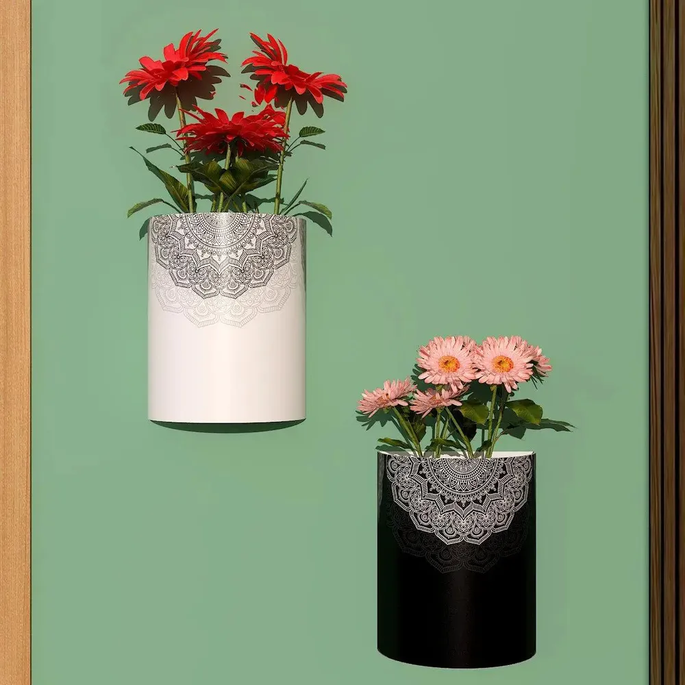 Designer Pair of Wall Vases With Black & White Mandala Prints