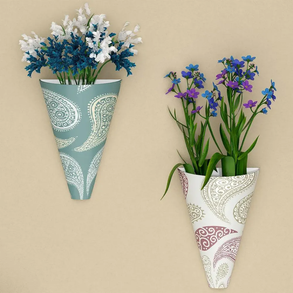 Designer Pair of Wall Vases With Paisley Prints