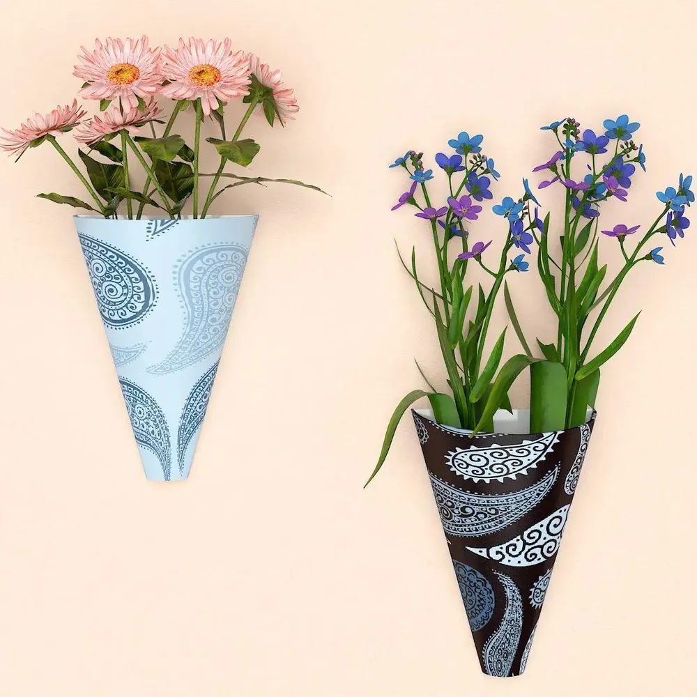 Designer Pair of Wall Vases With Paisley Prints