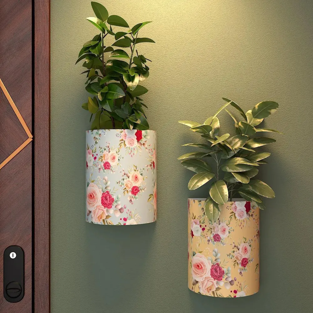 Designer Pair of Wall Vases With Rose Flower Prints