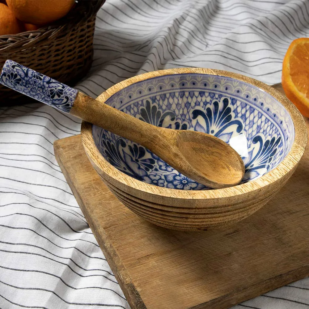 Detailed Designer Blue & White Wooden Bowl With Spoon