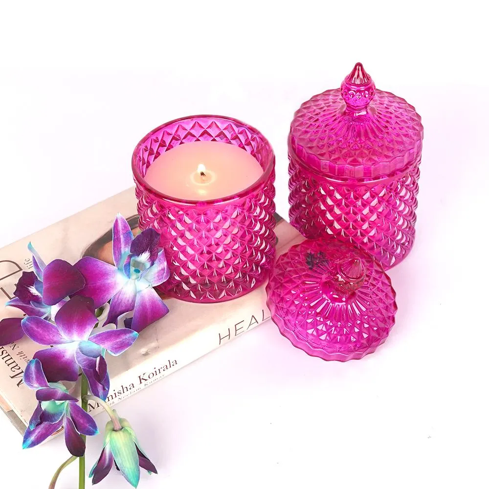 Diamond Cut Pink Glass Scented Candle Jars / Candle Holders Set Of 2