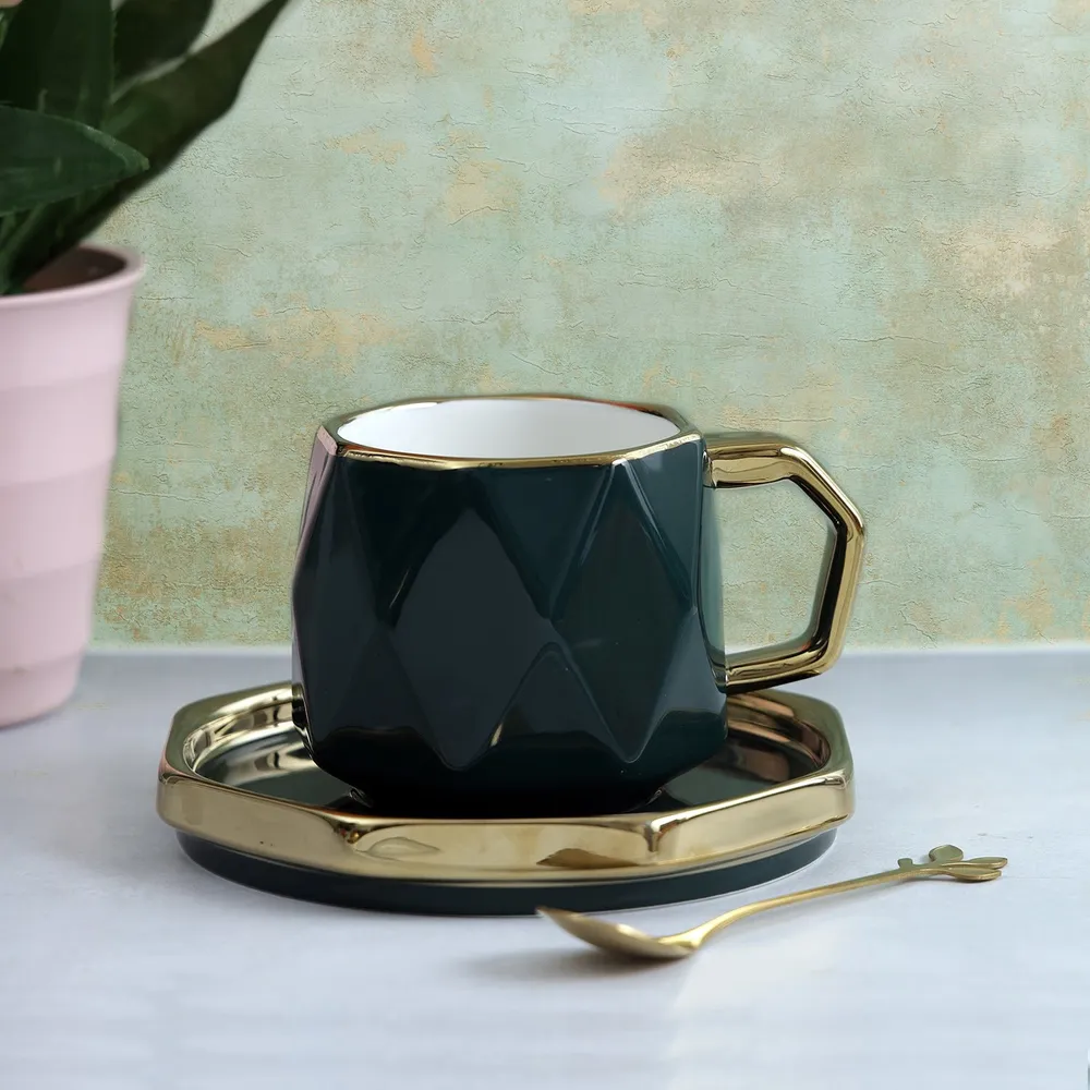 Diamond Cut Polished Green Vintage Cup & Saucer Set