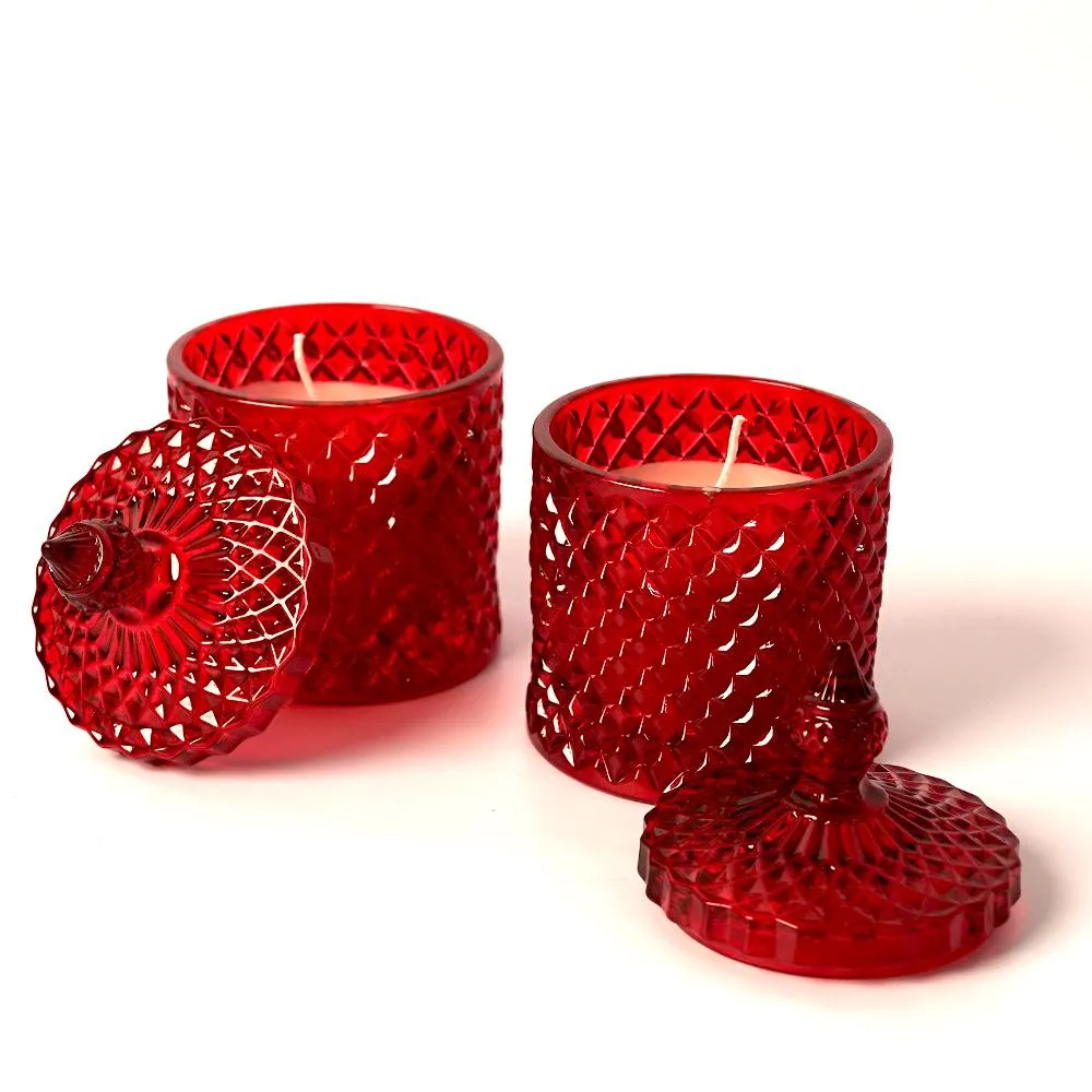 Diamond Cut Red Glass Scented Candle Jars / Candle Holders Set Of 2