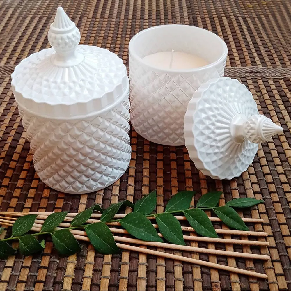 Diamond Cut White Glass Scented Candle Jars / Candle Holders Set Of 2