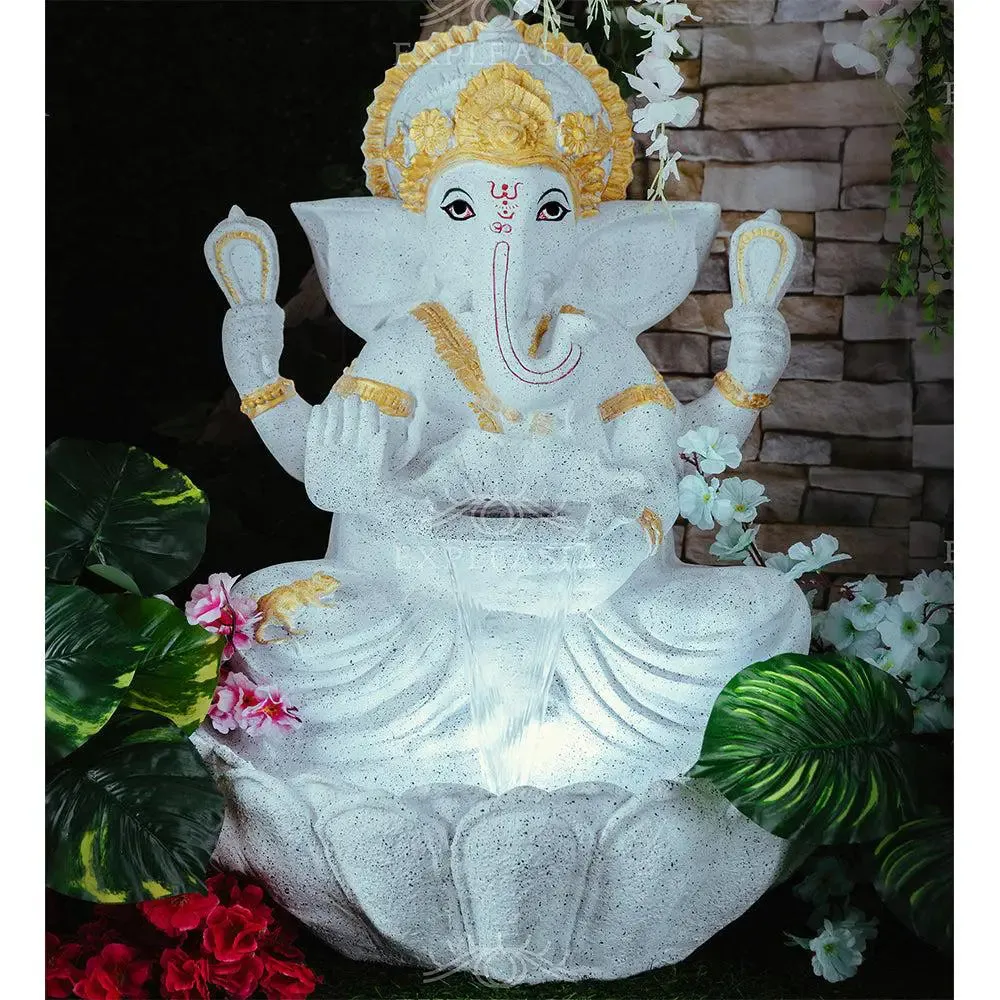 Divine White Lotus Lord Ganesha Indoor Water Fountain