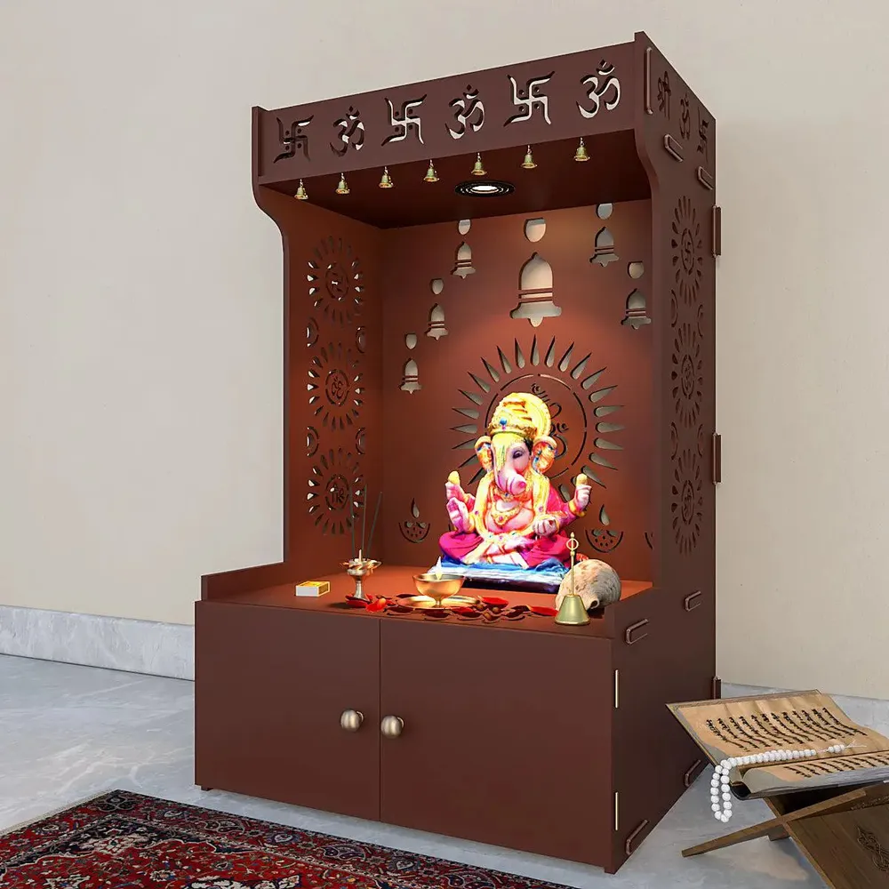 Divine Wooden Brown Home Temple With Spacious Shelf &amp; Inbuilt Focus Light